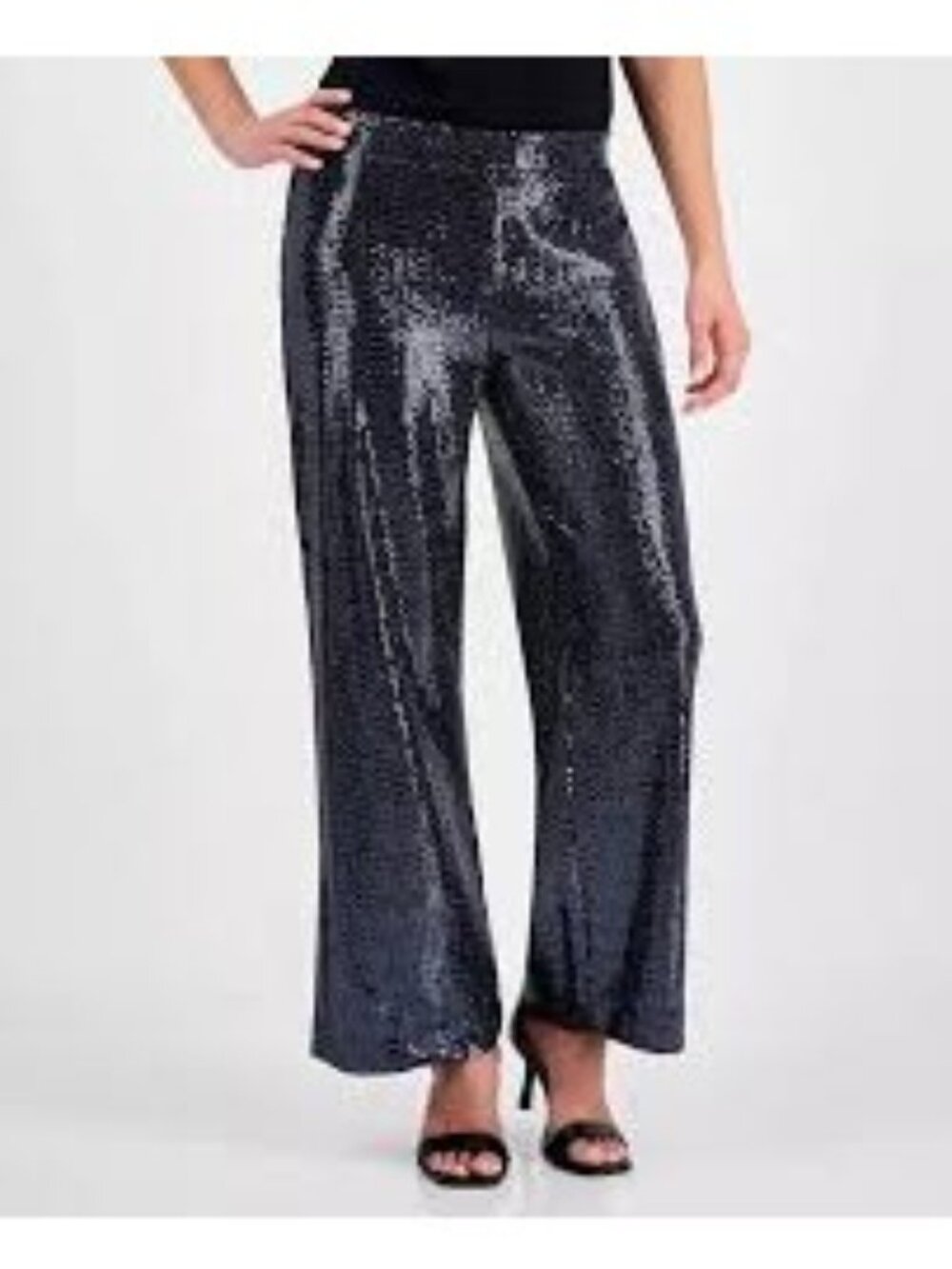 Anne Klein Women's Petite Pull-On Blue Sequin Wide Leg Pants Size PL